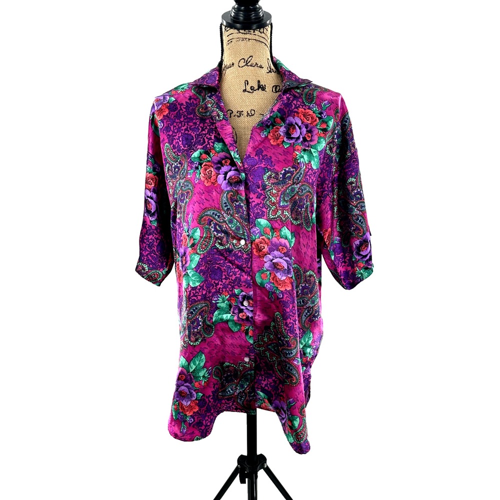 Victoria's Secret Pajama Top Womens S Satin Floral Paisley 3/4 Sleeve Button Up